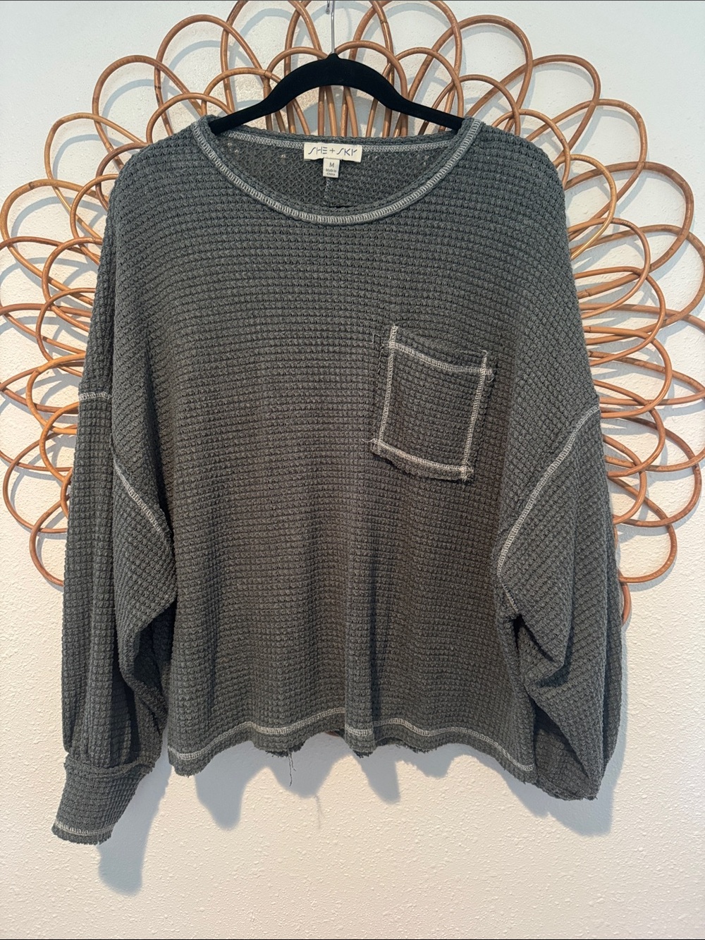 She + Sky Charcoal Gray Waffle-Knit Pocket Sweater